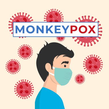 Monkeypox outbreak concept banner. Infected man from monkey flat illustration. Monkeypox on human skin. man wearing health mask clipart