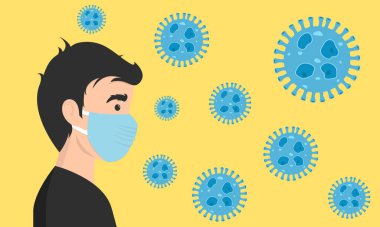 COVID-19 'u korumak veya hastalıkları, gribi, hava kirliliğini, kirlenmiş havayı, dünya kirliliğini, HMPV' yi, insan metafnömovirüs kavramını önlemek için tıbbi maske takan bir adam.