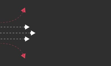 Minimalist iki kırmızı uçak yön değiştiriyor ve beyaz olanlar. Yeni fikir, değişim, eğilim, cesaret, yaratıcı çözüm, yenilik ve benzersiz yol kavramı.