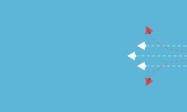 Minimalist iki kırmızı uçak yön değiştiriyor ve beyaz olanlar. Yeni fikir, değişim, eğilim, cesaret, yaratıcı çözüm, yenilik ve benzersiz yol kavramı.