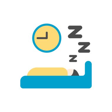 Adam geceleri yatakta uyuyor. Duvarlı saati olan bir oda. Simge Düzlüğü.