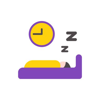 Adam geceleri yatakta uyuyor. Duvarlı saati olan bir oda. Simge Düzlüğü.