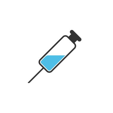 Tıbbi şırınga ikonu. Şırınga aşı çözeltisiyle dolu. İğneli tıbbi şırınganın vektör çizimi. Enjeksiyon şırıngası aşısı tıbbi ikon vektör çizimi tasarımı