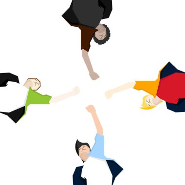Takım, topluluk el ele verip destek ve birlik istiyor. Çeşitli çok kültürlü gruplar, toplum dayanışma ve işbirliği içinde. Düz vektör çizimi beyaz arkaplanda izole edildi