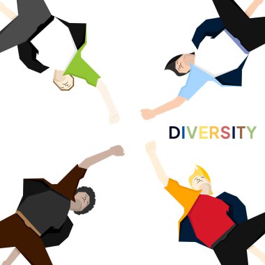 Takım, topluluk el ele verip destek ve birlik istiyor. Çeşitli çok kültürlü gruplar, toplum dayanışma ve işbirliği içinde. Düz vektör çizimi beyaz arkaplanda izole edildi