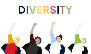 Takım, topluluk el ele verip destek ve birlik istiyor. Çeşitli çok kültürlü gruplar, toplum dayanışma ve işbirliği içinde. Düz vektör çizimi beyaz arkaplanda izole edildi