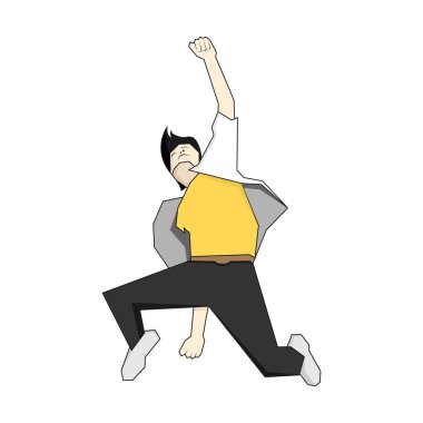 Genç adam yükseğe sıçrayıp yumruklarını sıkmanı kutluyor. Düz vektör çizimi beyaz arkaplanda izole edildi