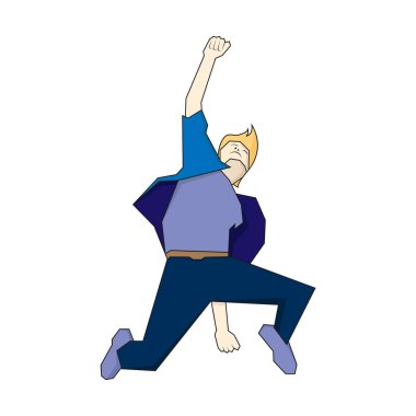 Genç adam yükseğe sıçrayıp yumruklarını sıkmanı kutluyor. Düz vektör çizimi beyaz arkaplanda izole edildi