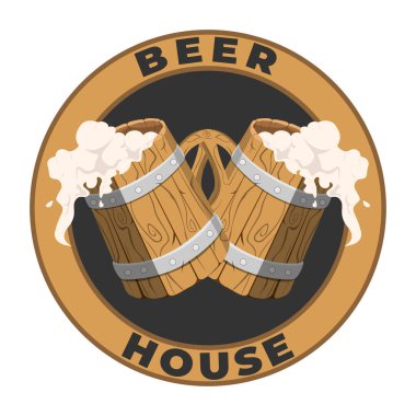 Bira Evi için vektör logosu, köpüklü bira bardağının resmedildiği kahverengi dekoratif tabela. Orijinal antika sanat rozeti logo tasarım şablonu