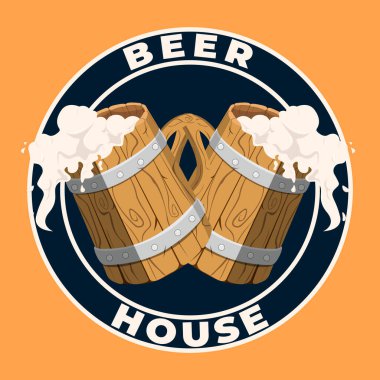 Bira Evi için vektör logosu, köpüklü bira bardağının resmedildiği kahverengi dekoratif tabela. Orijinal antika sanat rozeti logo tasarım şablonu