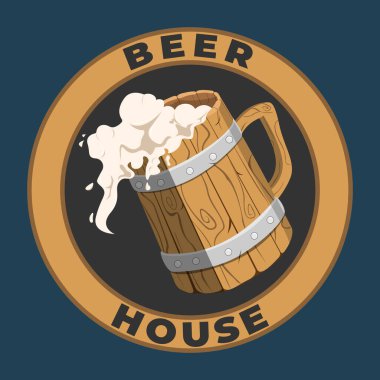 Bira Evi için vektör logosu, köpüklü bira bardağının resmedildiği kahverengi dekoratif tabela. Orijinal antika sanat rozeti logo tasarım şablonu