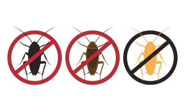 Hamamböceği önleyici, haşere kontrolü. Böcekleri durdur işareti. Kırmızı yasak çemberde hamamböceği silueti, vektör iltihaplanması