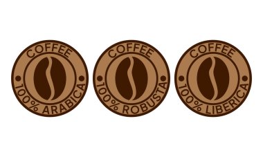 100 Arap ikonu. 100 robusta etiket. 100 liberica sembolü. Mükemmel kahve karışımı vektör çizimi. Kahve çekirdekleri amblemi, rozet, işaret, mühür ürün ambalajı için izole edilmiş..