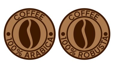 100 Arap ikonu. 100 robusta etiket. Mükemmel kahve karışımı vektör çizimi. Kahve çekirdekleri amblemi, rozet, işaret, mühür ürün ambalajı için izole edilmiş..