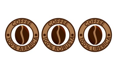 100 Arap ikonu. 100 robusta etiket. 100 liberica sembolü. Mükemmel kahve karışımı vektör çizimi. Kahve çekirdekleri amblemi, rozet, işaret, mühür ürün ambalajı için izole edilmiş..