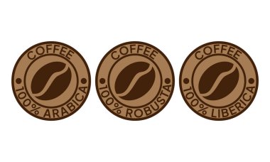 100 Arap ikonu. 100 robusta etiket. 100 liberica sembolü. Mükemmel kahve karışımı vektör çizimi. Kahve çekirdekleri amblemi, rozet, işaret, mühür ürün ambalajı için izole edilmiş..