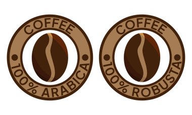 100 Arap ikonu. 100 robusta etiket. Mükemmel kahve karışımı vektör çizimi. Kahve çekirdekleri amblemi, rozet, işaret, mühür ürün ambalajı için izole edilmiş..