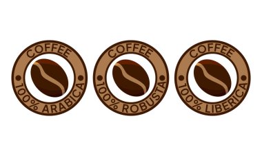 100 Arap ikonu. 100 robusta etiket. 100 liberica sembolü. Mükemmel kahve karışımı vektör çizimi. Kahve çekirdekleri amblemi, rozet, işaret, mühür ürün ambalajı için izole edilmiş..
