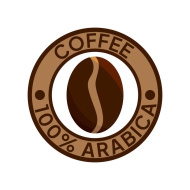 Kahve logosu. Kahve,% 100 Arap amblemi. Yuvarlak rozetli kahverengi kahve çekirdekleri..