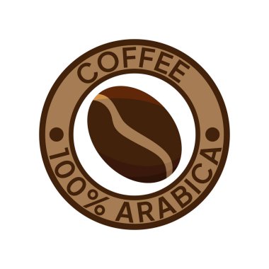 Kahve logosu. Kahve,% 100 Arap amblemi. Yuvarlak rozetli kahverengi kahve çekirdekleri..