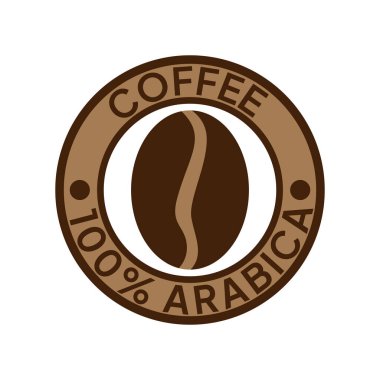 Kahve logosu. Kahve,% 100 Arap amblemi. Yuvarlak rozetli kahverengi kahve çekirdekleri..