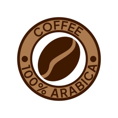 Kahve logosu. Kahve,% 100 Arap amblemi. Yuvarlak rozetli kahverengi kahve çekirdekleri..