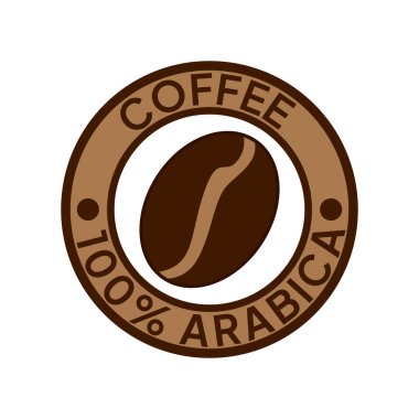 Kahve logosu. Kahve,% 100 Arap amblemi. Yuvarlak rozetli kahverengi kahve çekirdekleri..
