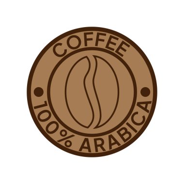 Kahve logosu. Kahve,% 100 Arap amblemi. Yuvarlak rozetli kahverengi kahve çekirdekleri..