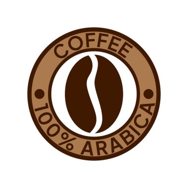 Kahve logosu. Kahve,% 100 Arap amblemi. Yuvarlak rozetli kahverengi kahve çekirdekleri..