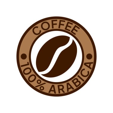 Kahve logosu. Kahve,% 100 Arap amblemi. Yuvarlak rozetli kahverengi kahve çekirdekleri..