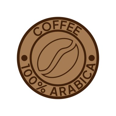 Kahve logosu. Kahve,% 100 Arap amblemi. Yuvarlak rozetli kahverengi kahve çekirdekleri..