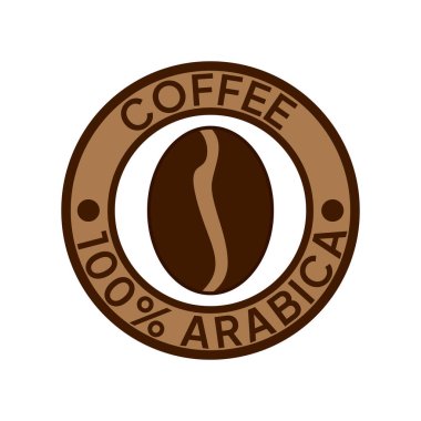 Kahve logosu. Kahve,% 100 Arap amblemi. Yuvarlak rozetli kahverengi kahve çekirdekleri..