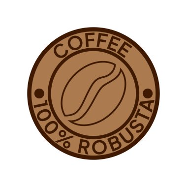 Kahve logosu. Kahve,% 100 Robusta amblemi. Yuvarlak rozetli kahverengi kahve çekirdekleri..