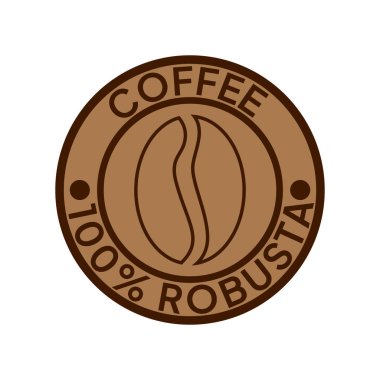 Kahve logosu. Kahve,% 100 Robusta amblemi. Yuvarlak rozetli kahverengi kahve çekirdekleri..