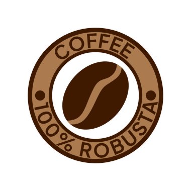 Kahve logosu. Kahve,% 100 Robusta amblemi. Yuvarlak rozetli kahverengi kahve çekirdekleri..