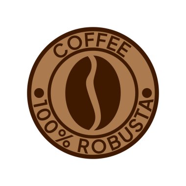 Kahve logosu. Kahve,% 100 Robusta amblemi. Yuvarlak rozetli kahverengi kahve çekirdekleri..