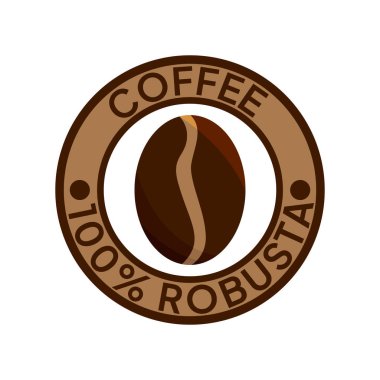 Kahve logosu. Kahve,% 100 Robusta amblemi. Yuvarlak rozetli kahverengi kahve çekirdekleri..