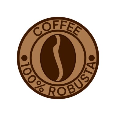 Kahve logosu. Kahve,% 100 Robusta amblemi. Yuvarlak rozetli kahverengi kahve çekirdekleri..
