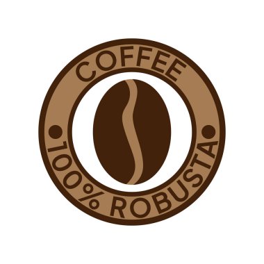 Kahve logosu. Kahve,% 100 Robusta amblemi. Yuvarlak rozetli kahverengi kahve çekirdekleri..