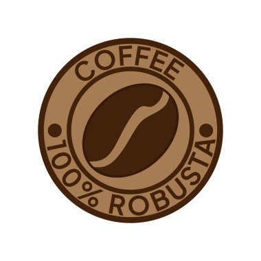 Kahve logosu. Kahve,% 100 Robusta amblemi. Yuvarlak rozetli kahverengi kahve çekirdekleri..