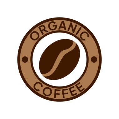 Organik kahve etiketi. Doğal kahve ikonu vektör çizimi. 100 arabika ve robusta fasulyesi amblemi, rozet, işaret, sembol, pul ya da mühür. Kahve dükkanı logosu izole edildi.