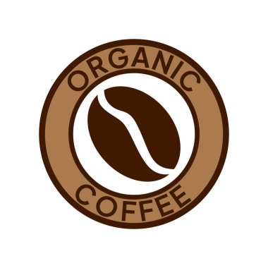 Organik kahve etiketi. Doğal kahve ikonu vektör çizimi. 100 arabika ve robusta fasulyesi amblemi, rozet, işaret, sembol, pul ya da mühür. Kahve dükkanı logosu izole edildi.