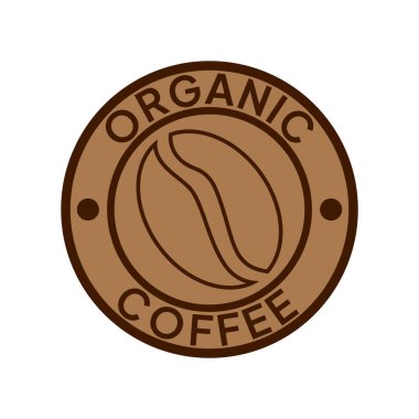 Organik kahve etiketi. Doğal kahve ikonu vektör çizimi. 100 arabika ve robusta fasulyesi amblemi, rozet, işaret, sembol, pul ya da mühür. Kahve dükkanı logosu izole edildi.