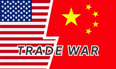 Amerika ve Çin Birleşik Devletleri bayrakları, Çin ve ABD arasındaki ticaret savaşı kavramı. Vektör illüstrasyon arkaplanı. 