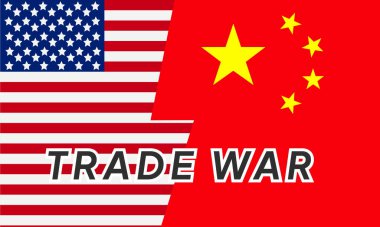 Amerika ve Çin Birleşik Devletleri bayrakları, Çin ve ABD arasındaki ticaret savaşı kavramı. Vektör illüstrasyon arkaplanı. 