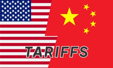 Tarifeler ve ABD Ekonomi Konsepti - Amerika Birleşik Devletleri bayrağı ve Çin arkaplanı. Tarif ABD diğer ülkelerle ticaret savaşı