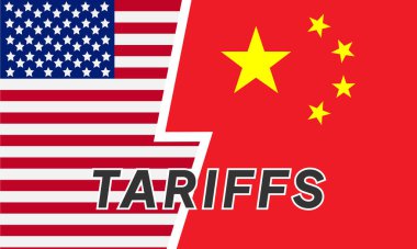 Tarifeler ve ABD Ekonomi Konsepti - Amerika Birleşik Devletleri bayrağı ve Çin arkaplanı. Tarif ABD diğer ülkelerle ticaret savaşı