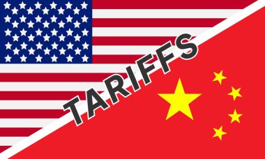 Tarifeler ve ABD Ekonomi Konsepti - Amerika Birleşik Devletleri bayrağı ve Çin arkaplanı. Tarif ABD diğer ülkelerle ticaret savaşı