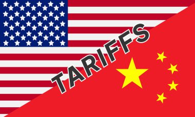 Tarifeler ve ABD Ekonomi Konsepti - Amerika Birleşik Devletleri bayrağı ve Çin arkaplanı. Tarif ABD diğer ülkelerle ticaret savaşı