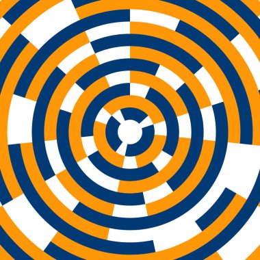 Op sanat vektör tasarımı dairesel bir çerçevede dönen hareketin illüzyonu. Soyut güneş patlaması çizgili arka plan. Vektör sanat optik illüzyon dalgalı çizgi deseni Mavi ve turuncu çizgili daire arka plan